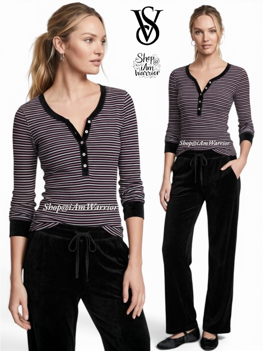 Victoria’s Secret striped metallic long sleeve henley thermal top